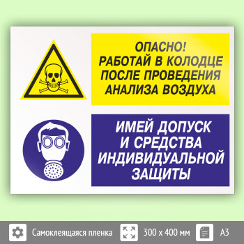 Знак «Опасно - работай в колодце после проведения анализа воздуха. Имей допуск и средства индивидуальной защиты», КЗ-40 (пленка, 400х300 мм)
